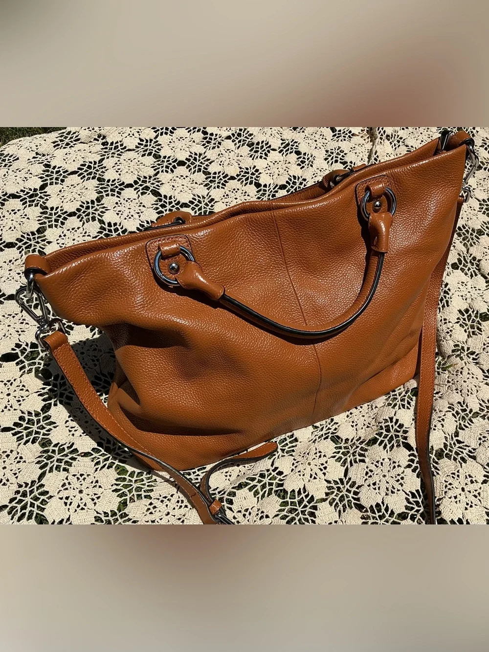Kattee Genuine Leather Pebbled Tote Satchel Camel Brown Shoulder Crossbody Bag